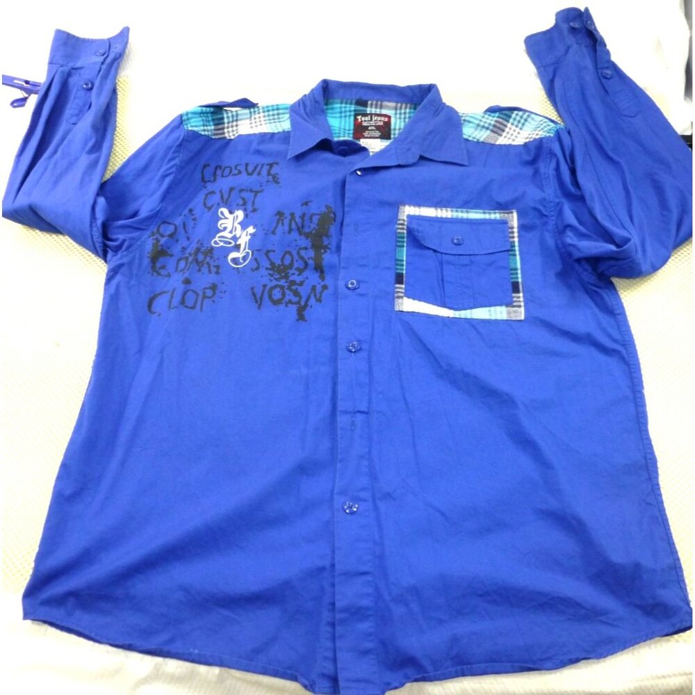 Tool Jeans Mens 4XL Blue Plaid Patchwork Long Sleeve Shirt With Graffiti Print